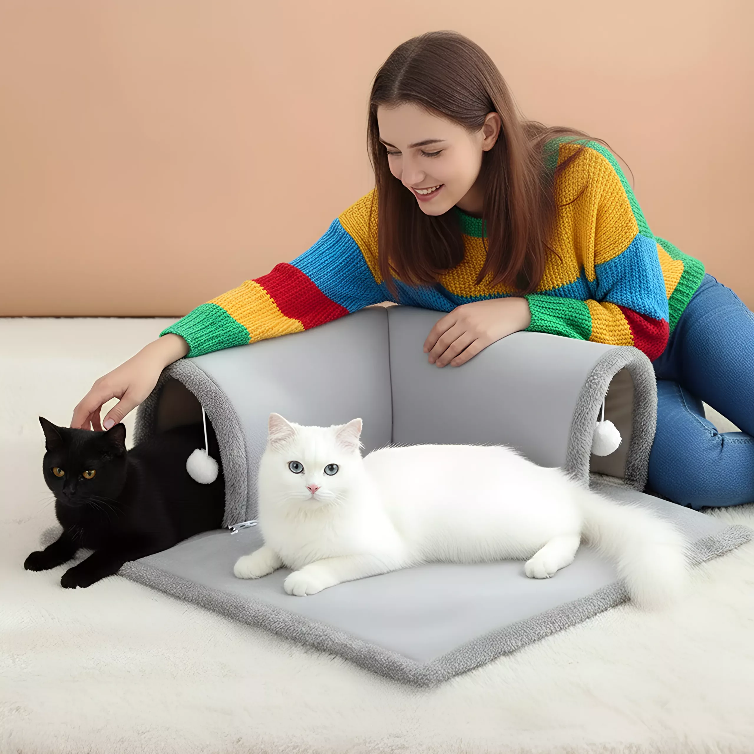 Cama para Gato Cálida y Cómoda con Tapete de Juego y Túnel - Imagen 5