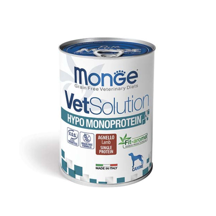 Paté para perro Monge Vetsolution – Hypo Monoproteico Cordero – 400gr (12u)