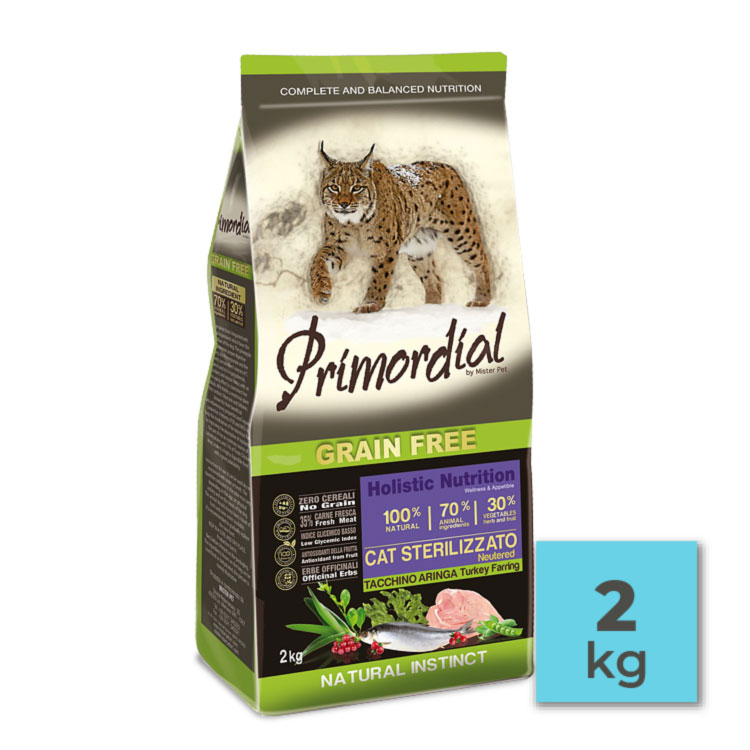 Primordial: Pienso sin cereales para gatos esterilizados con pavo y arenque